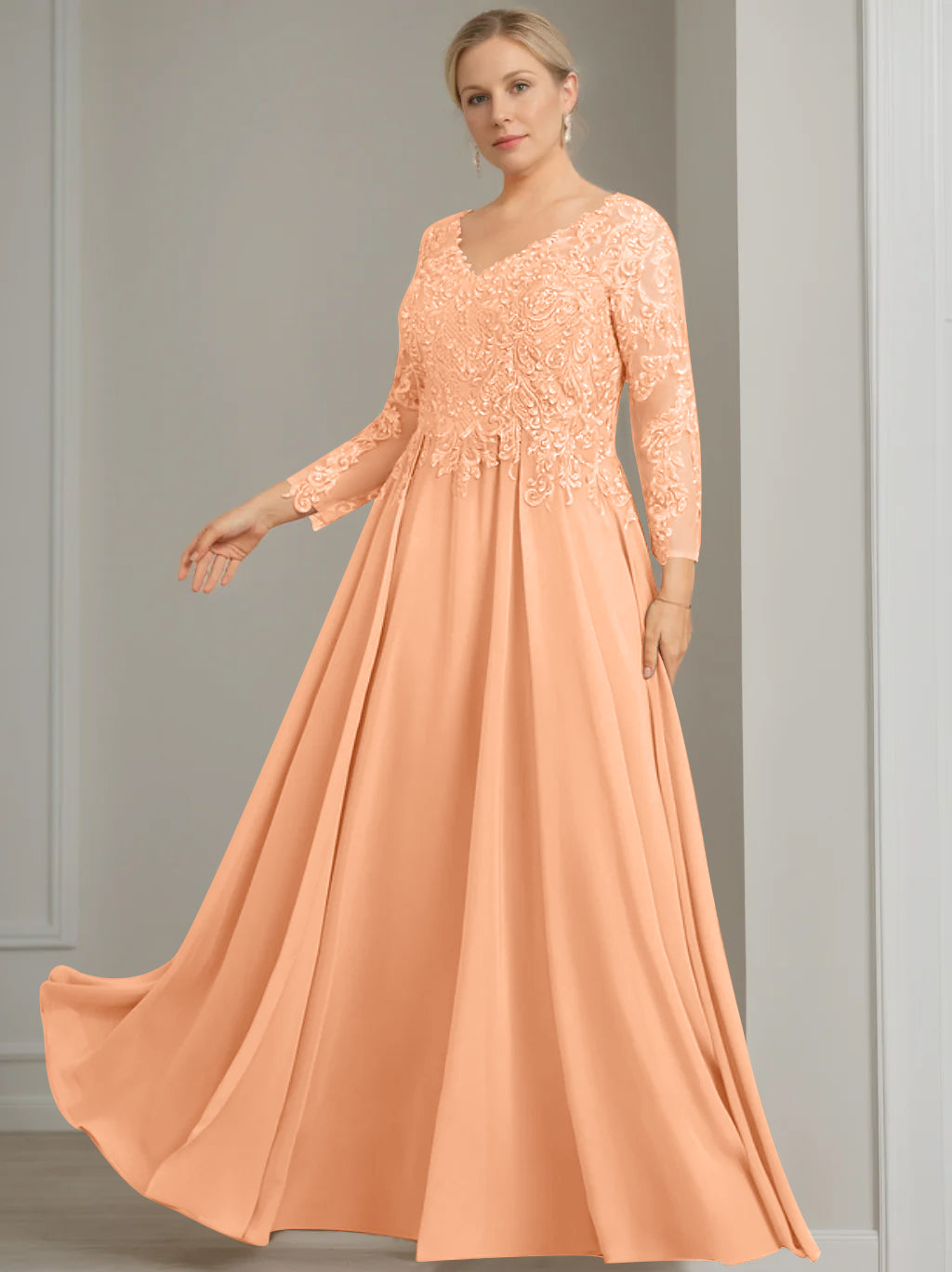 V Neck A Line Gown with 3/4 Sleeves and Sequins for Plus Size Mother of the Bride