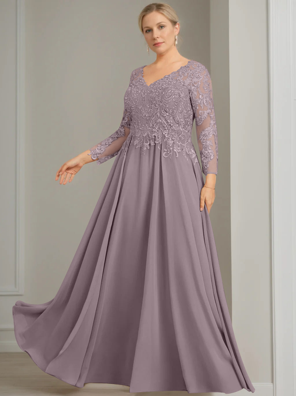 V Neck A Line Gown with 3/4 Sleeves and Sequins for Plus Size Mother of the Bride