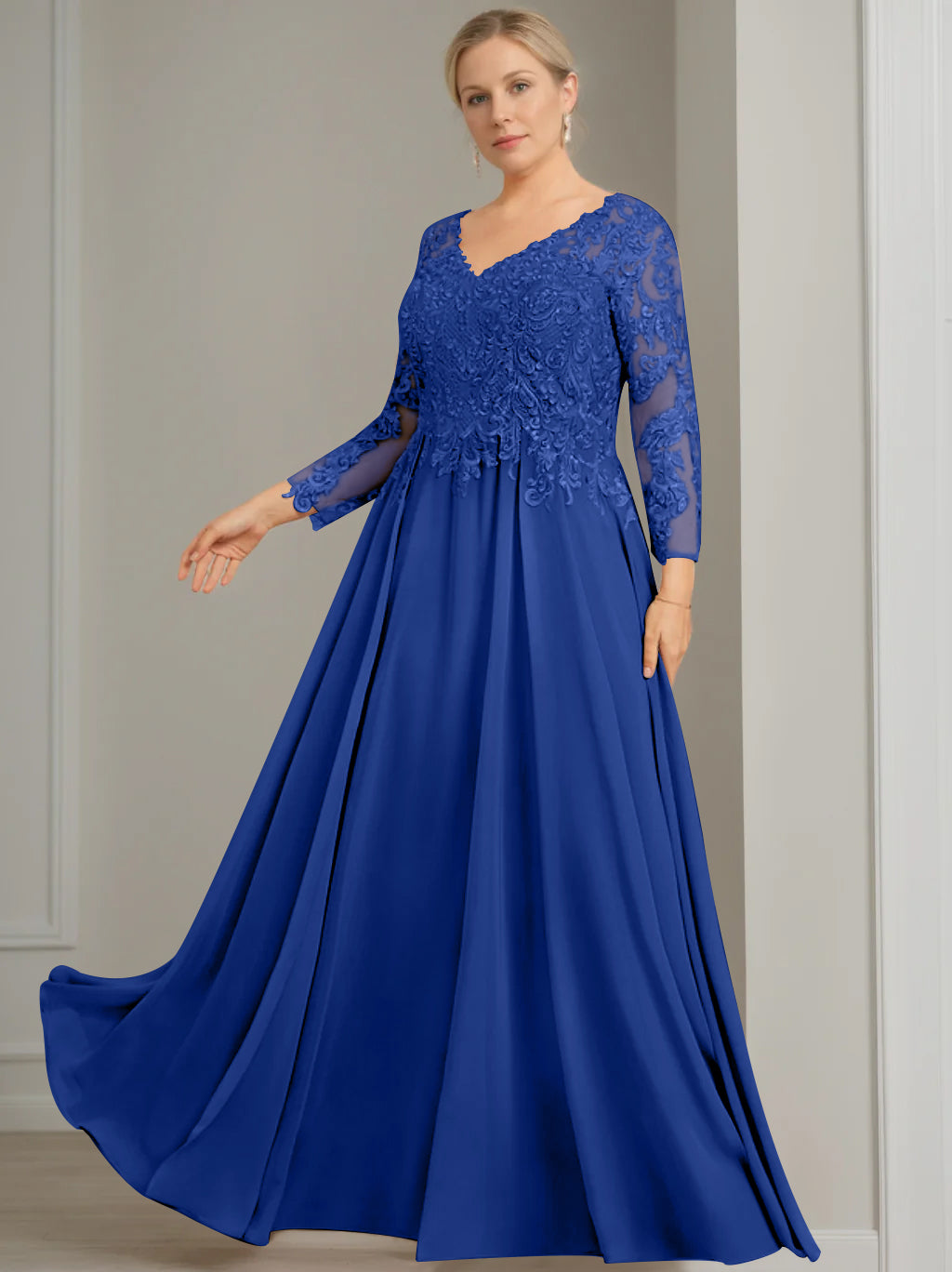 V Neck A Line Gown with 3/4 Sleeves and Sequins for Plus Size Mother of the Bride