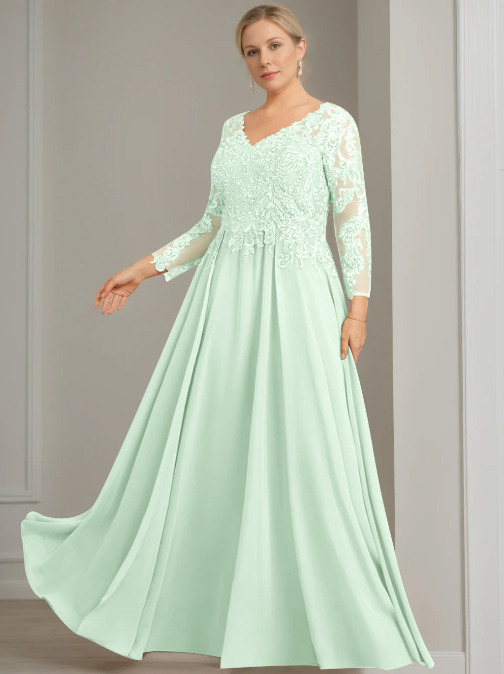V Neck A Line Gown with 3/4 Sleeves and Sequins for Plus Size Mother of the Bride