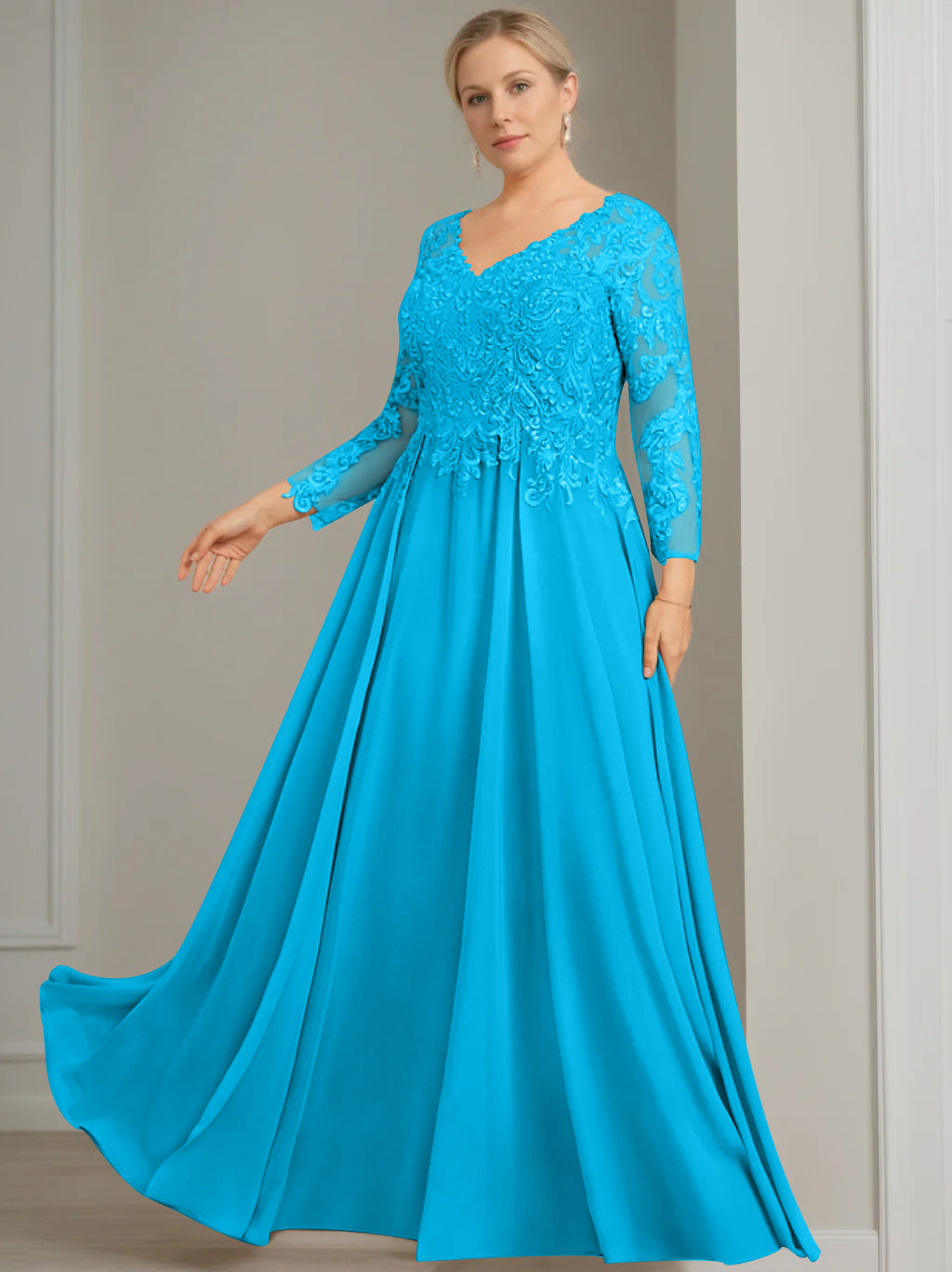 V Neck A Line Gown with 3/4 Sleeves and Sequins for Plus Size Mother of the Bride