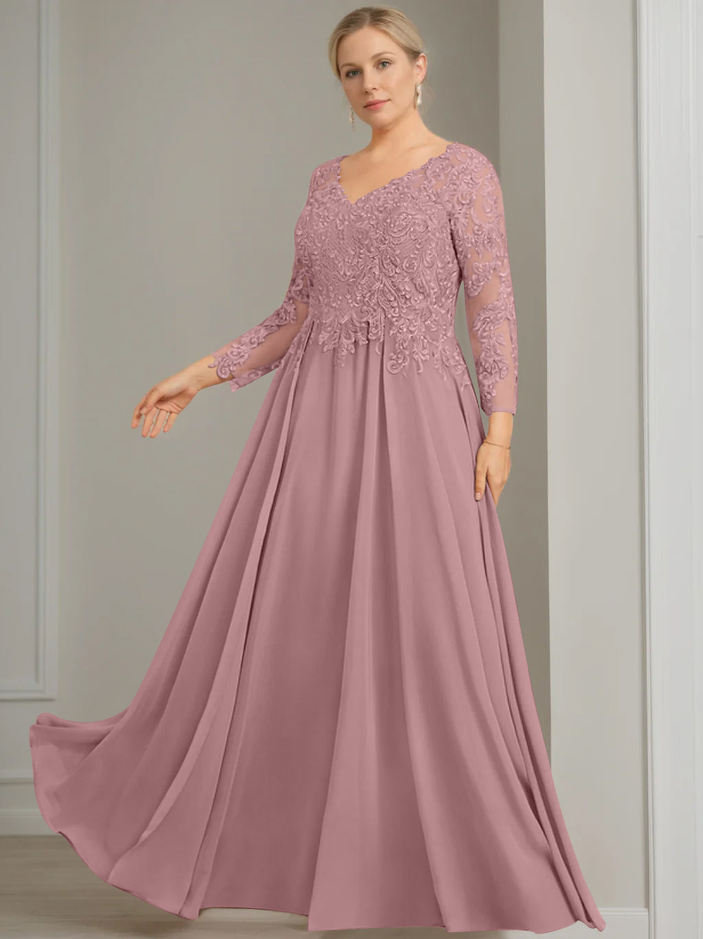 V Neck A Line Gown with 3/4 Sleeves and Sequins for Plus Size Mother of the Bride