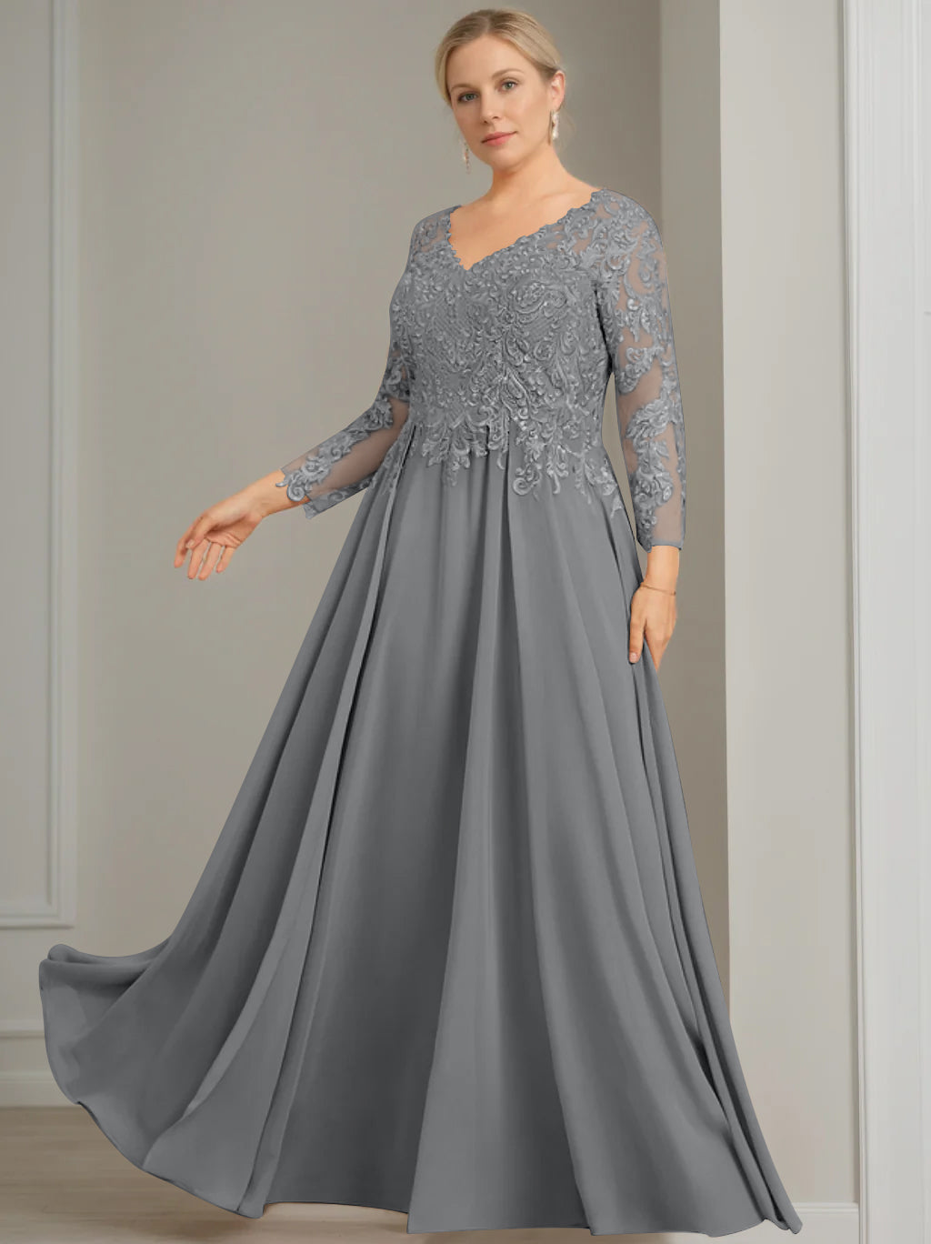 V Neck A Line Gown with 3/4 Sleeves and Sequins for Plus Size Mother of the Bride