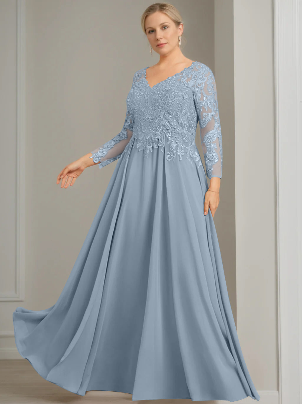 V Neck A Line Gown with 3/4 Sleeves and Sequins for Plus Size Mother of the Bride