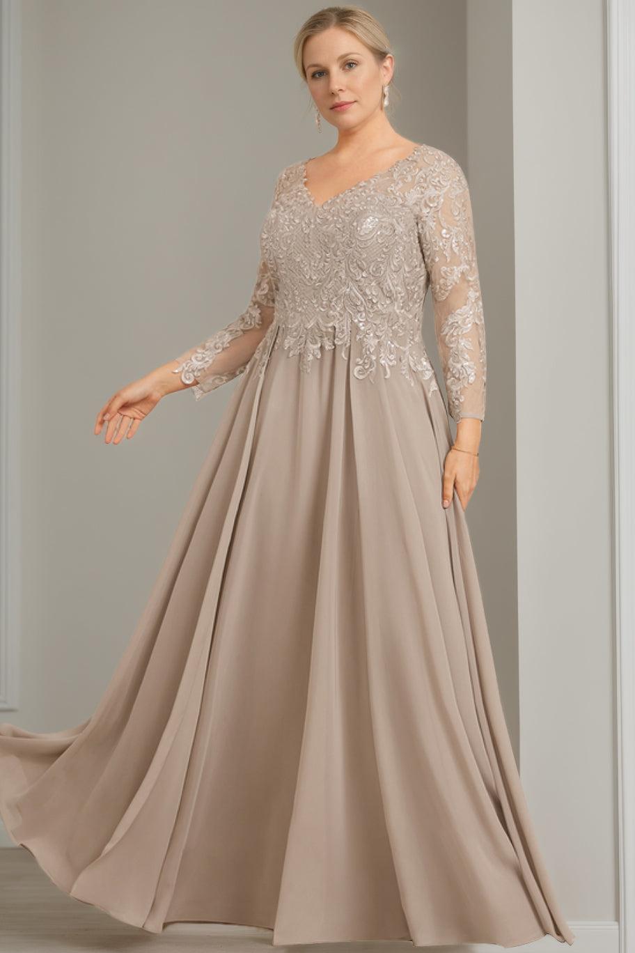 V Neck A Line Gown with 3/4 Sleeves and Sequins for Plus Size Mother of the Bride