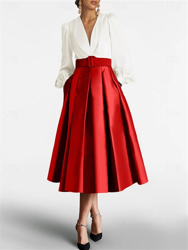 V Neck A Line Gown with Long Sleeves and Belt for the Mother of the Bride