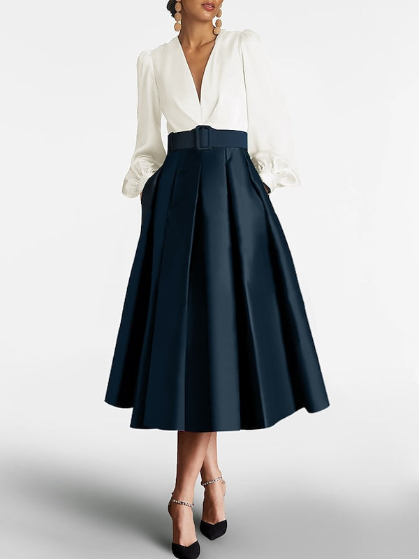 V Neck A Line Gown with Long Sleeves and Belt for the Mother of the Bride