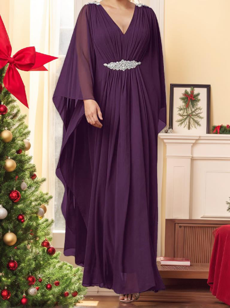 V Neck A Line Mother of the Bride Dress with Rhinestones