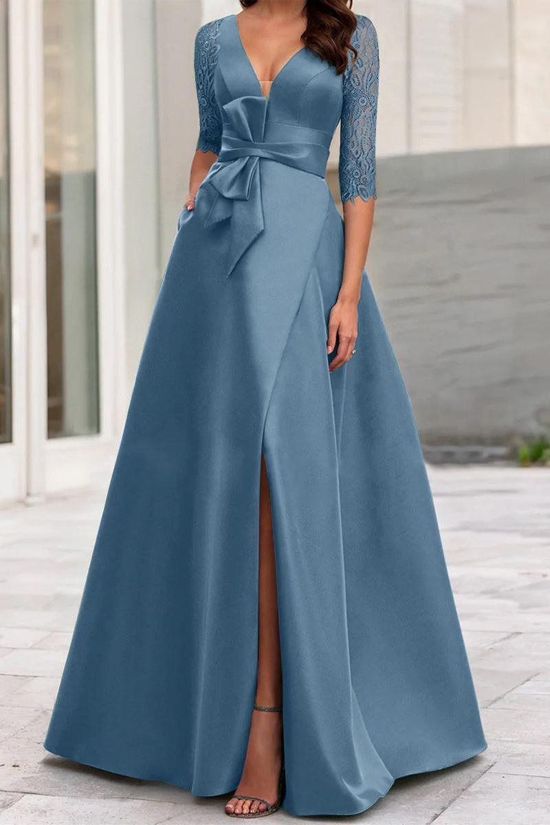V Neck A Line Mother of the Bride Dress with Side Split and Half Sleeves
