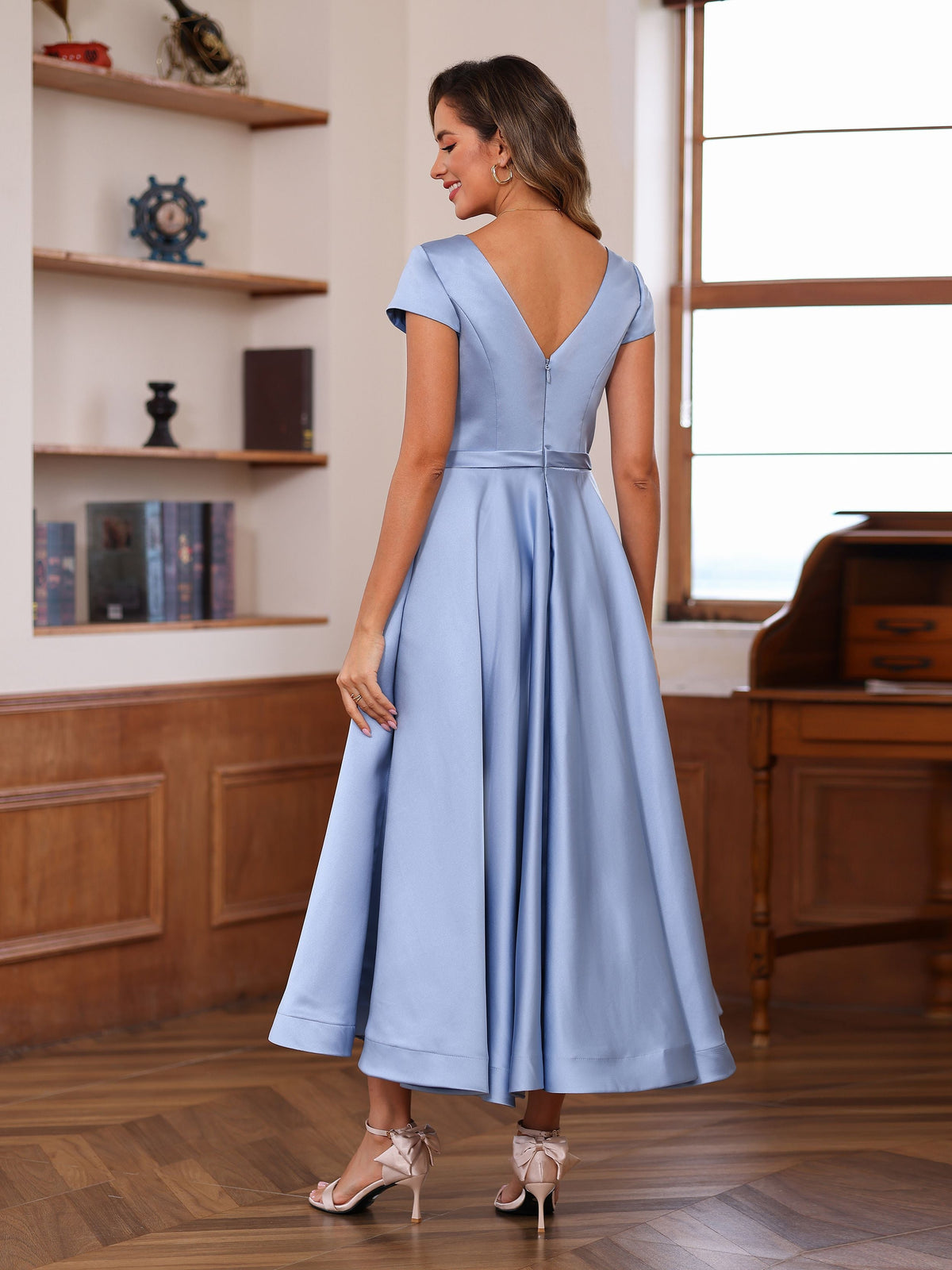 V Neck A Line Short Sleeve Ankle Length Mother of the Bride Dress With Pockets and Ruffles