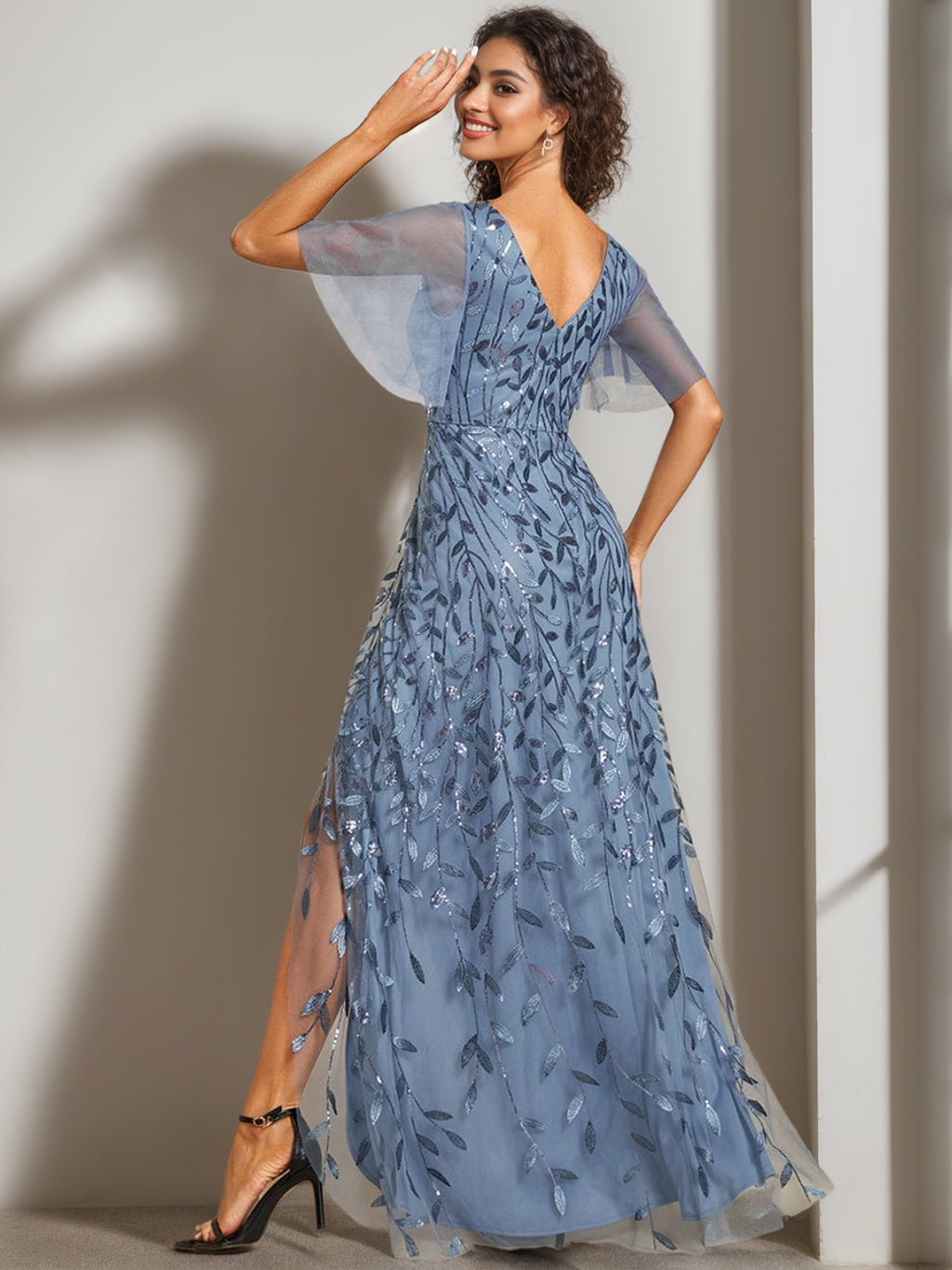 V Neck A Line Short Sleeve Asymmetrical Mother of the Bride Dress with Sequins