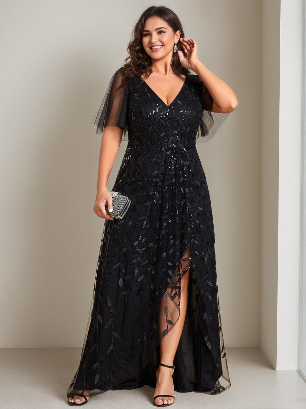 V Neck A Line Short Sleeve Asymmetrical Mother of the Bride Dress with Sequins
