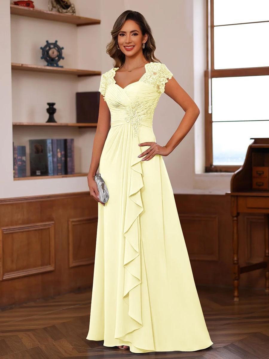 V Neck A Line Short Sleeve Dress with Pleats Ruffles & Appliques for Mother of the Bride & Groom