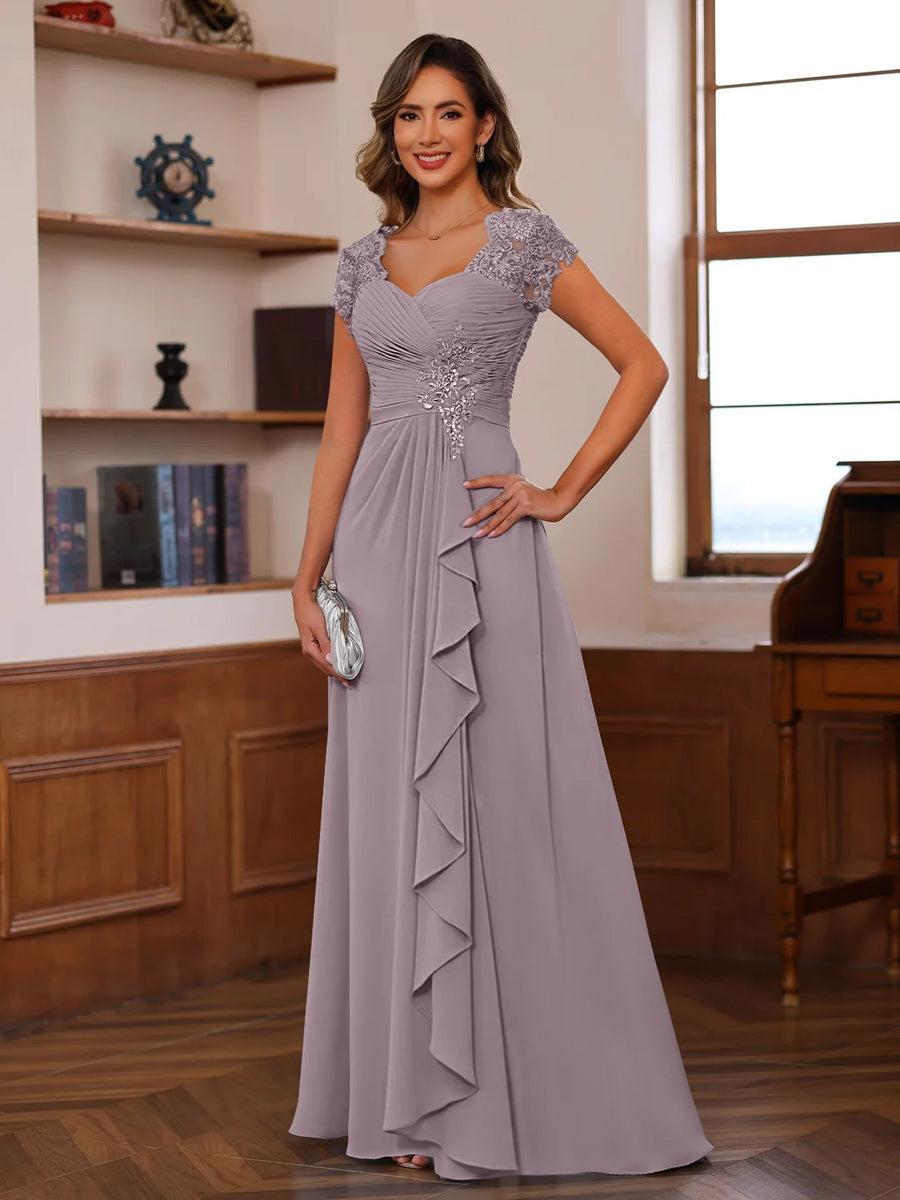 V Neck A Line Short Sleeve Dress with Pleats Ruffles & Appliques for Mother of the Bride & Groom