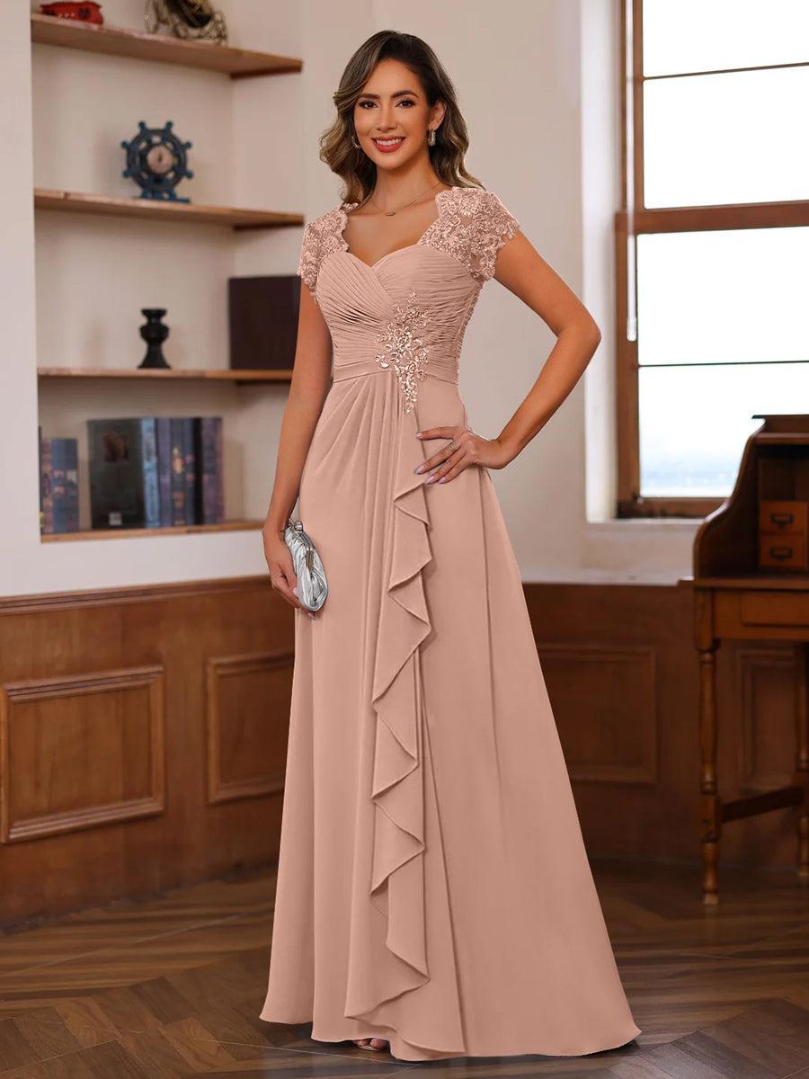 V Neck A Line Short Sleeve Dress with Pleats Ruffles & Appliques for Mother of the Bride & Groom