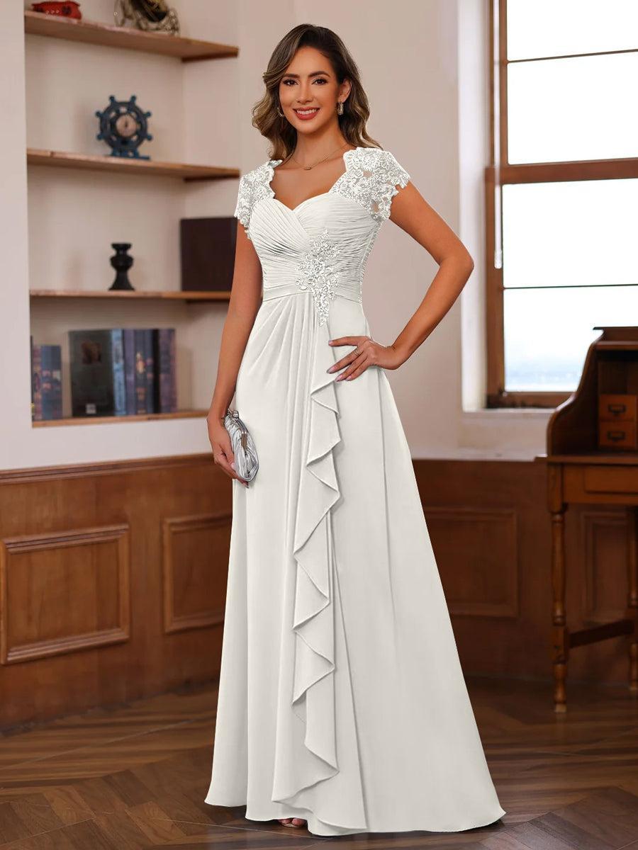 V Neck A Line Short Sleeve Dress with Pleats Ruffles & Appliques for Mother of the Bride & Groom