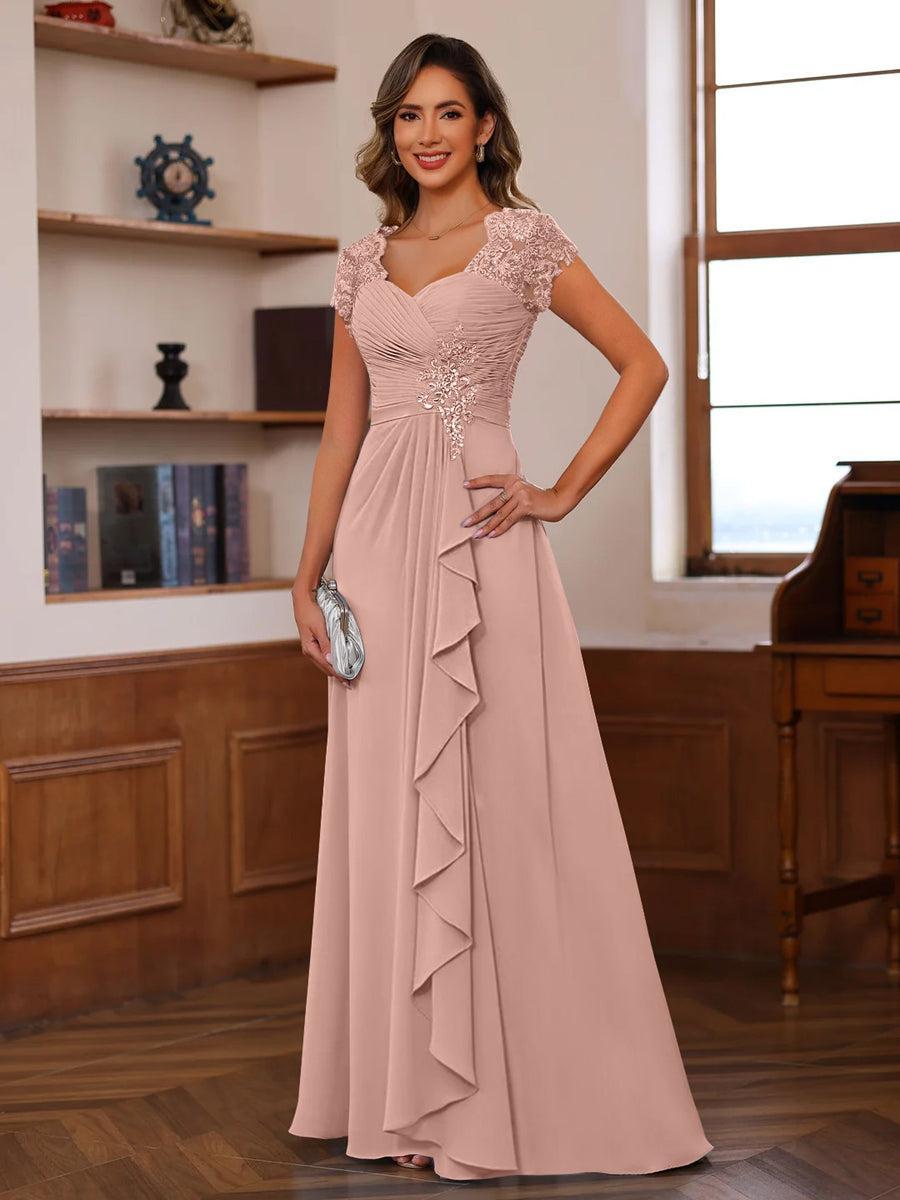 V Neck A Line Short Sleeve Dress with Pleats Ruffles & Appliques for Mother of the Bride & Groom