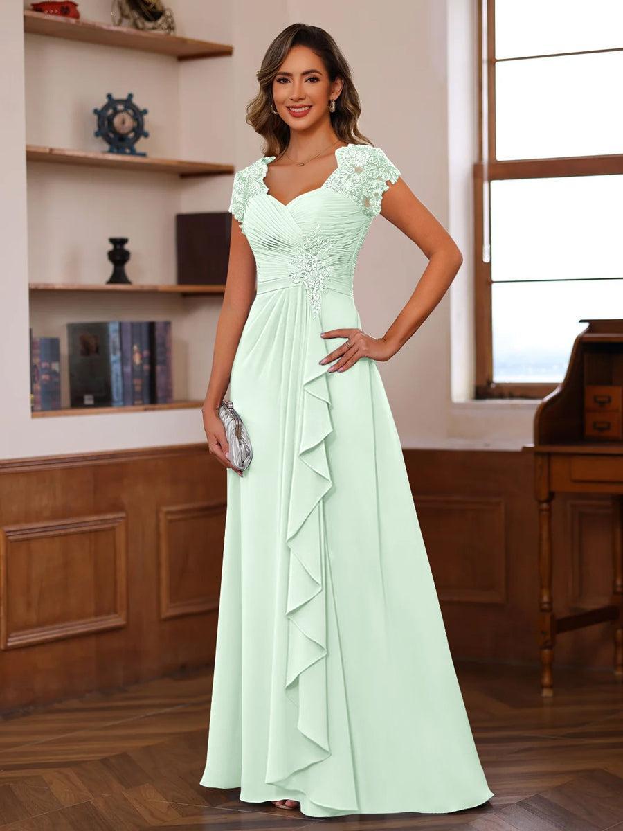 V Neck A Line Short Sleeve Dress with Pleats Ruffles & Appliques for Mother of the Bride & Groom
