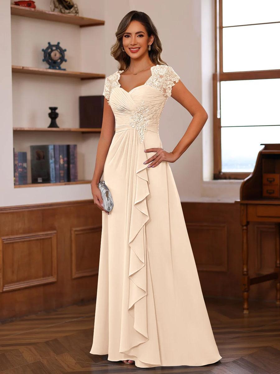 V Neck A Line Short Sleeve Dress with Pleats Ruffles & Appliques for Mother of the Bride & Groom