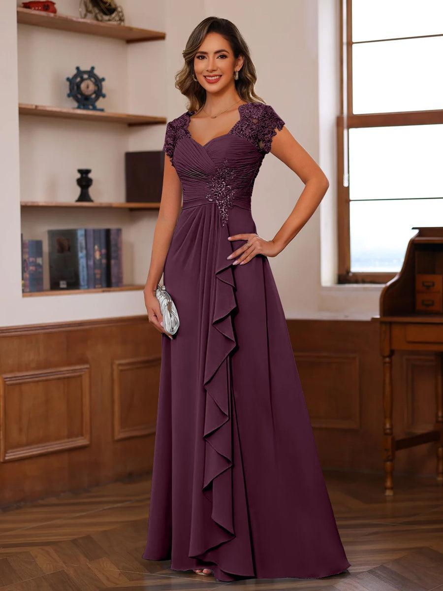 V Neck A Line Short Sleeve Dress with Pleats Ruffles & Appliques for Mother of the Bride & Groom