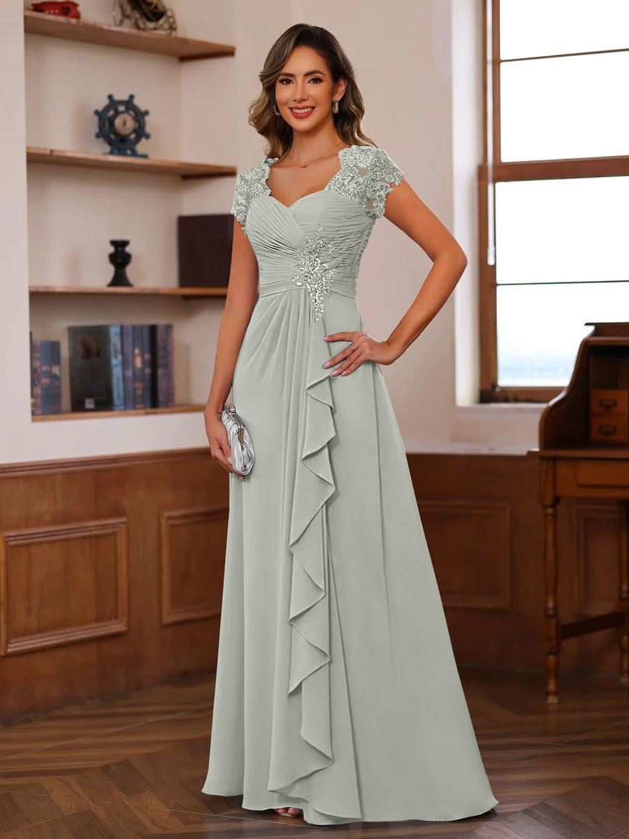 V Neck A Line Short Sleeve Dress with Pleats Ruffles & Appliques for Mother of the Bride & Groom