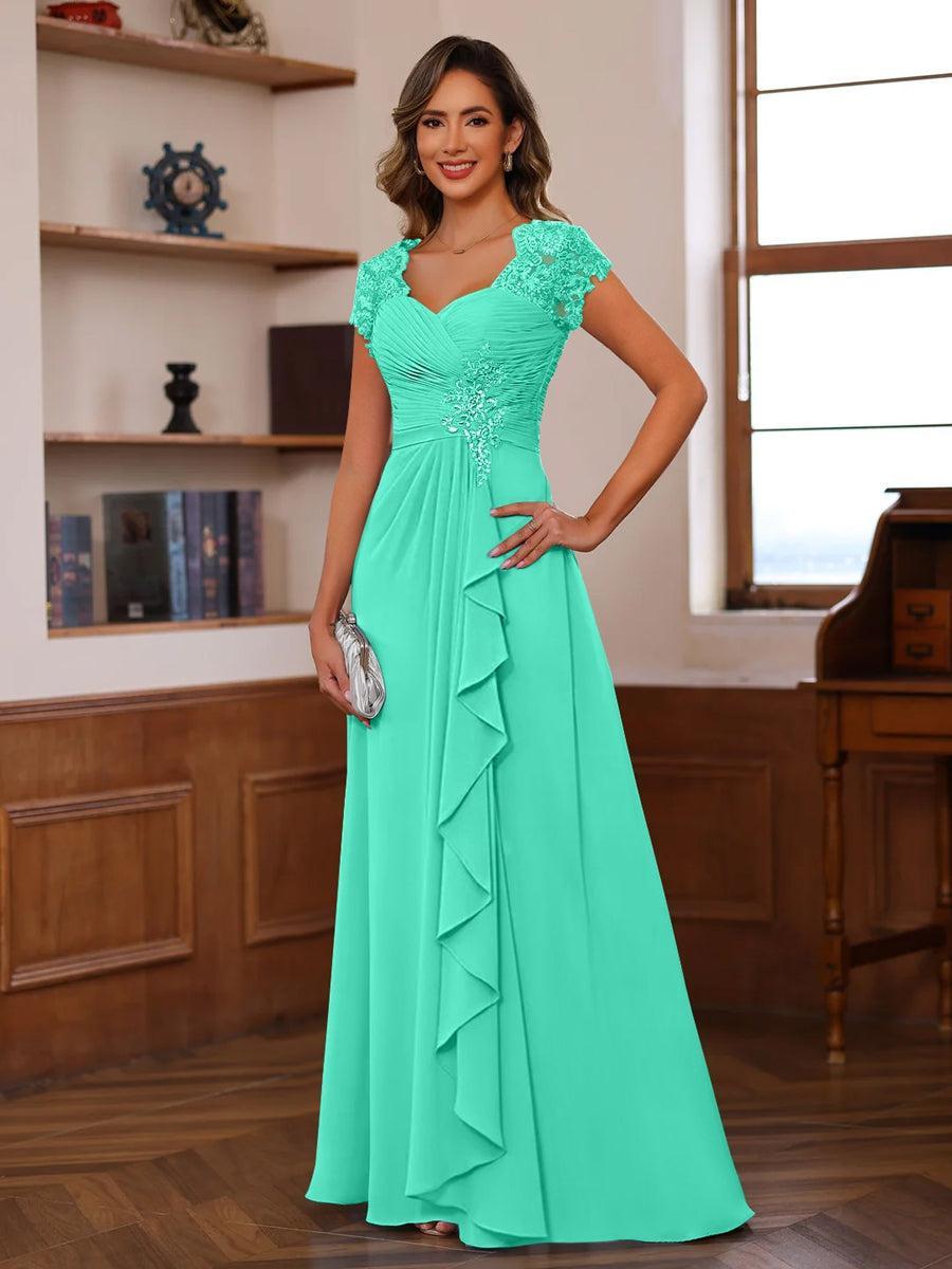 V Neck A Line Short Sleeve Dress with Pleats Ruffles & Appliques for Mother of the Bride & Groom
