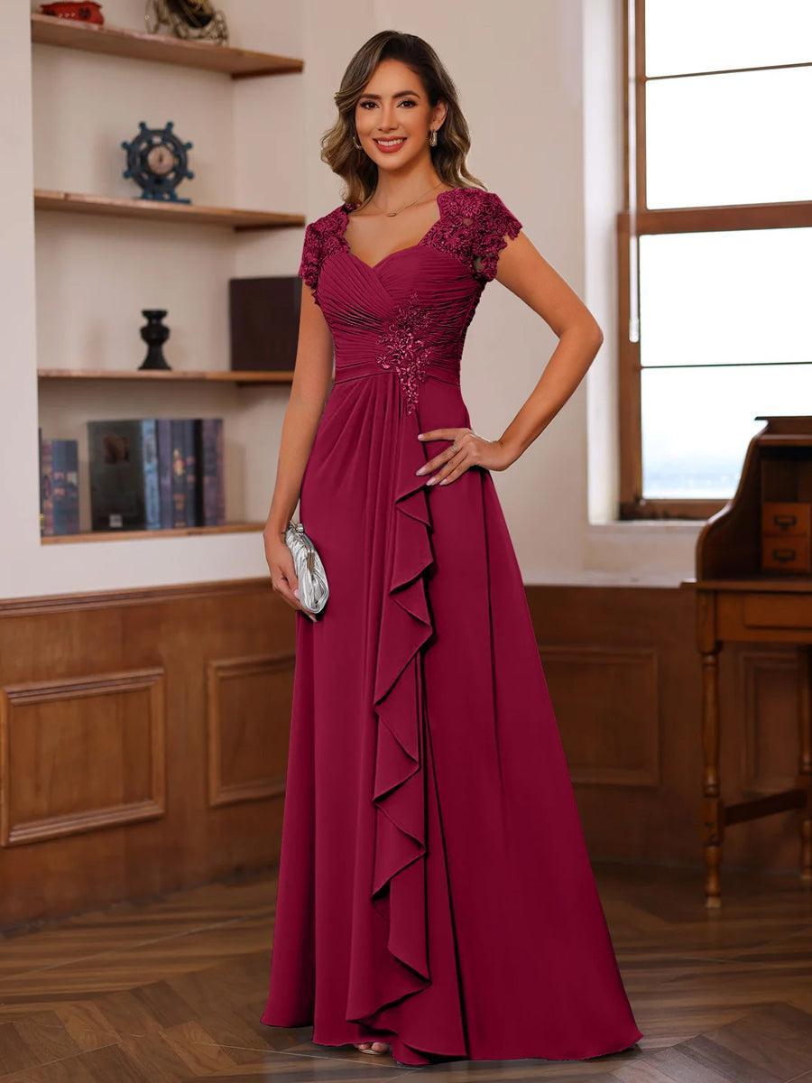 V Neck A Line Short Sleeve Dress with Pleats Ruffles & Appliques for Mother of the Bride & Groom
