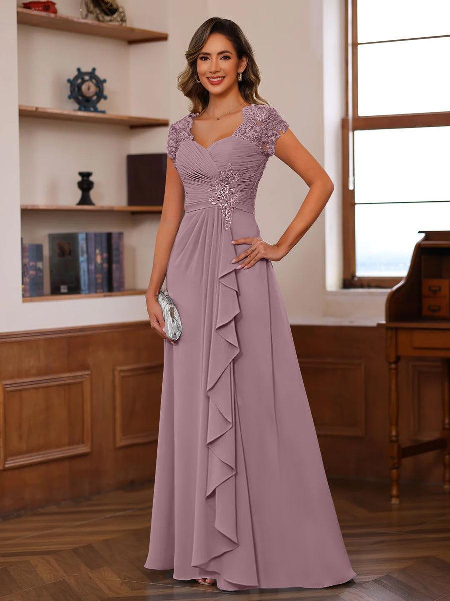 V Neck A Line Short Sleeve Dress with Pleats Ruffles & Appliques for Mother of the Bride & Groom