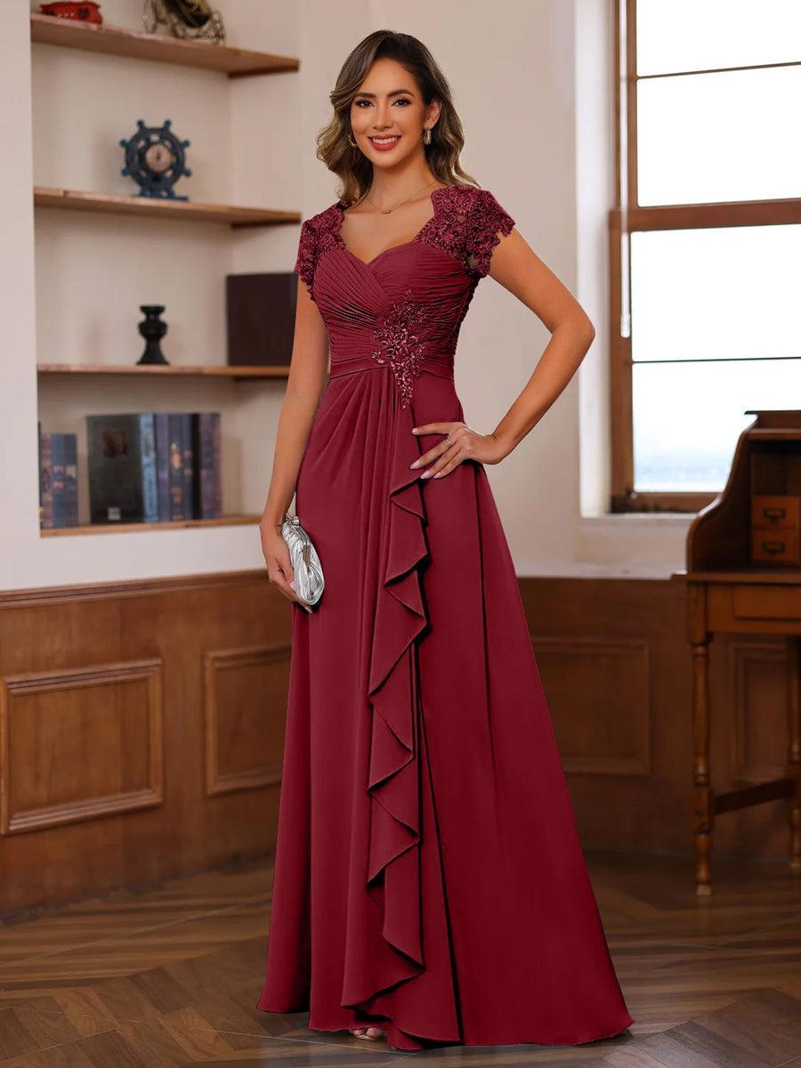 V Neck A Line Short Sleeve Dress with Pleats Ruffles & Appliques for Mother of the Bride & Groom