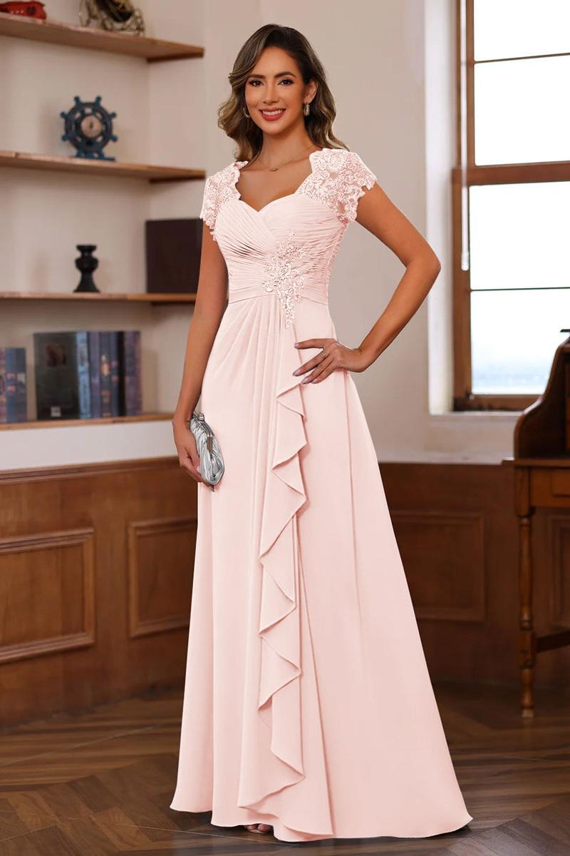 V Neck A Line Short Sleeve Dress with Pleats Ruffles & Appliques for Mother of the Bride & Groom