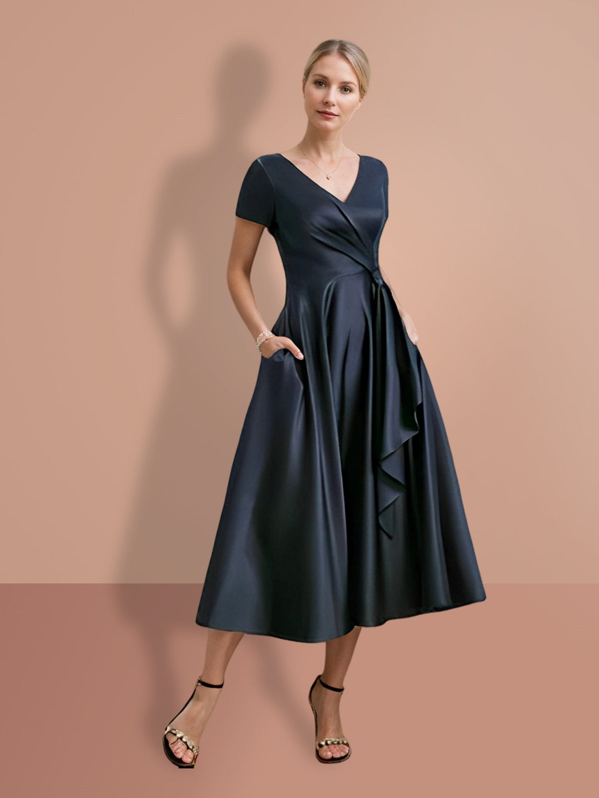 V Neck A Line Short Sleeve Mother of the Bride Dress