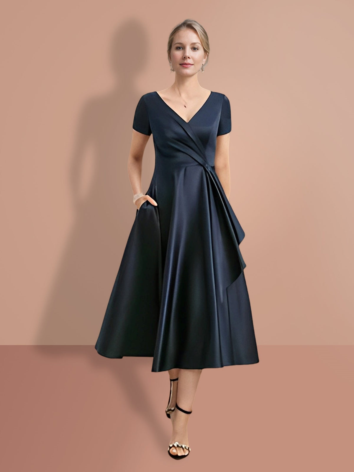 V Neck A Line Short Sleeve Mother of the Bride Dress