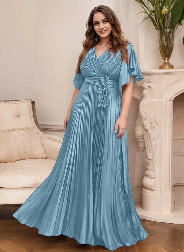 V Neck A Line Short Sleeve Mother of the Bride Dress with Belt