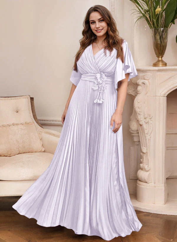 V Neck A Line Short Sleeve Mother of the Bride Dress with Belt