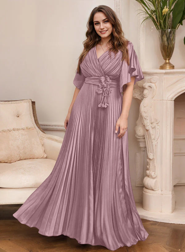 V Neck A Line Short Sleeve Mother of the Bride Dress with Belt