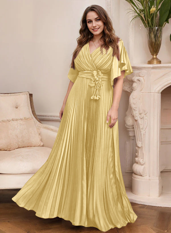 V Neck A Line Short Sleeve Mother of the Bride Dress with Belt