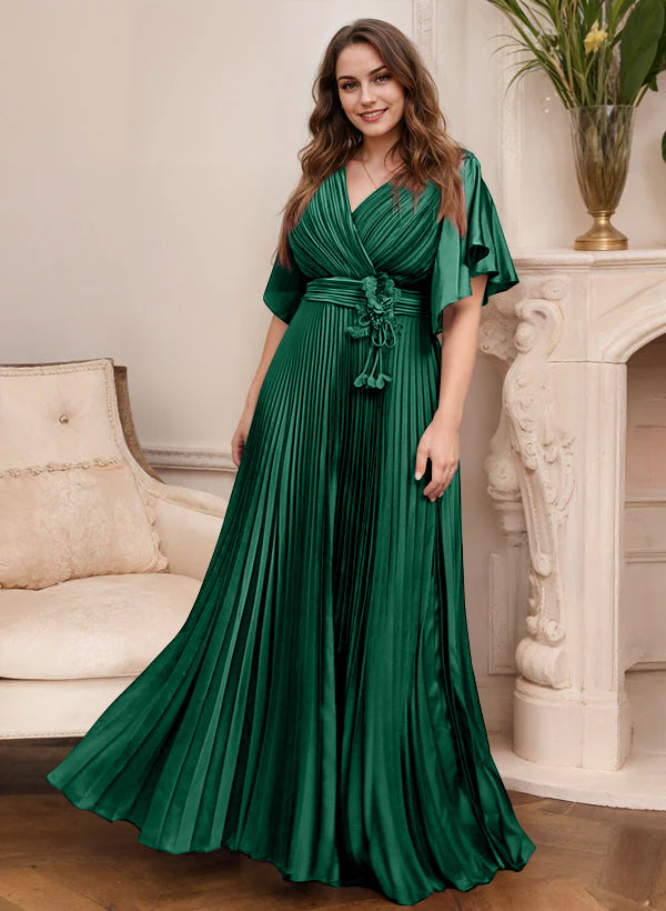 V Neck A Line Short Sleeve Mother of the Bride Dress with Belt