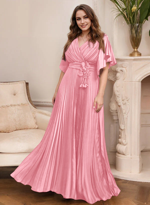 V Neck A Line Short Sleeve Mother of the Bride Dress with Belt
