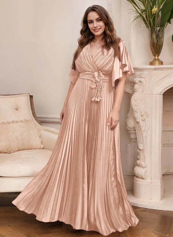 V Neck A Line Short Sleeve Mother of the Bride Dress with Belt