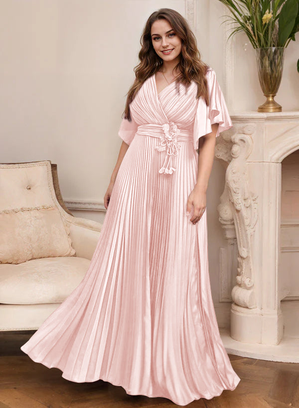 V Neck A Line Short Sleeve Mother of the Bride Dress with Belt