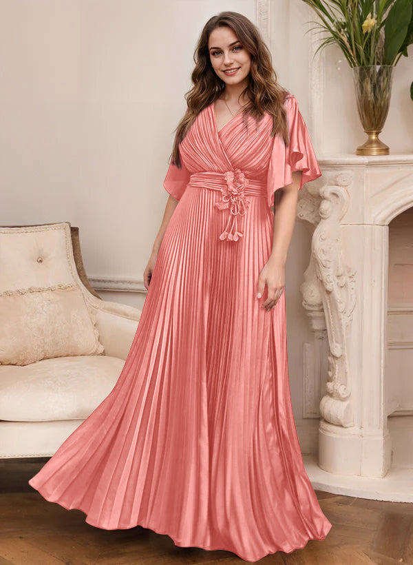 V Neck A Line Short Sleeve Mother of the Bride Dress with Belt