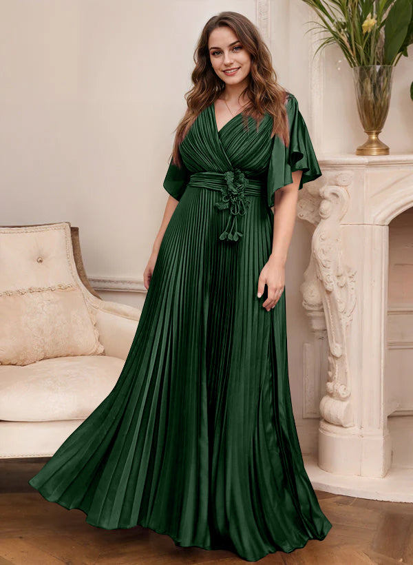 V Neck A Line Short Sleeve Mother of the Bride Dress with Belt