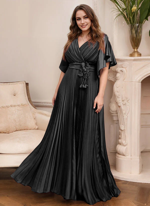 V Neck A Line Short Sleeve Mother of the Bride Dress with Belt