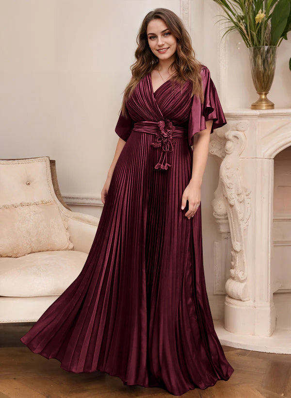 V Neck A Line Short Sleeve Mother of the Bride Dress with Belt