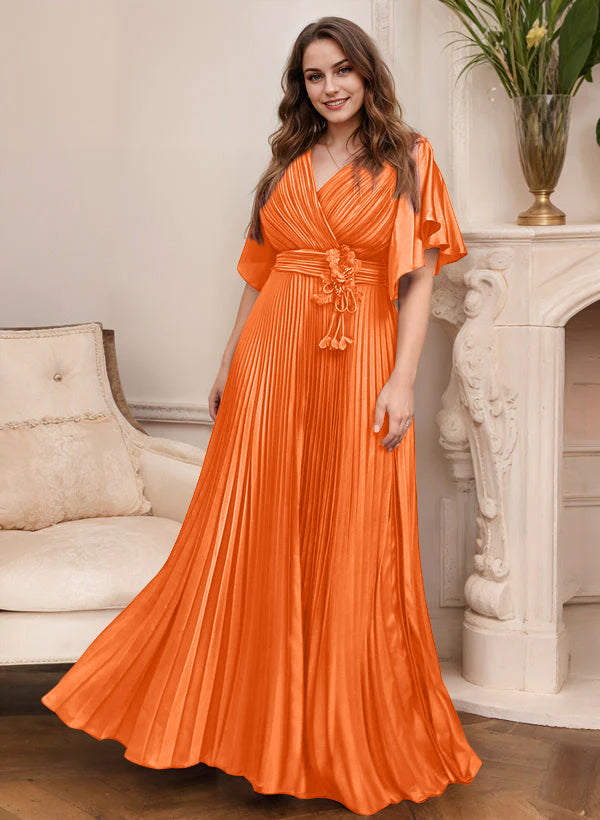 V Neck A Line Short Sleeve Mother of the Bride Dress with Belt