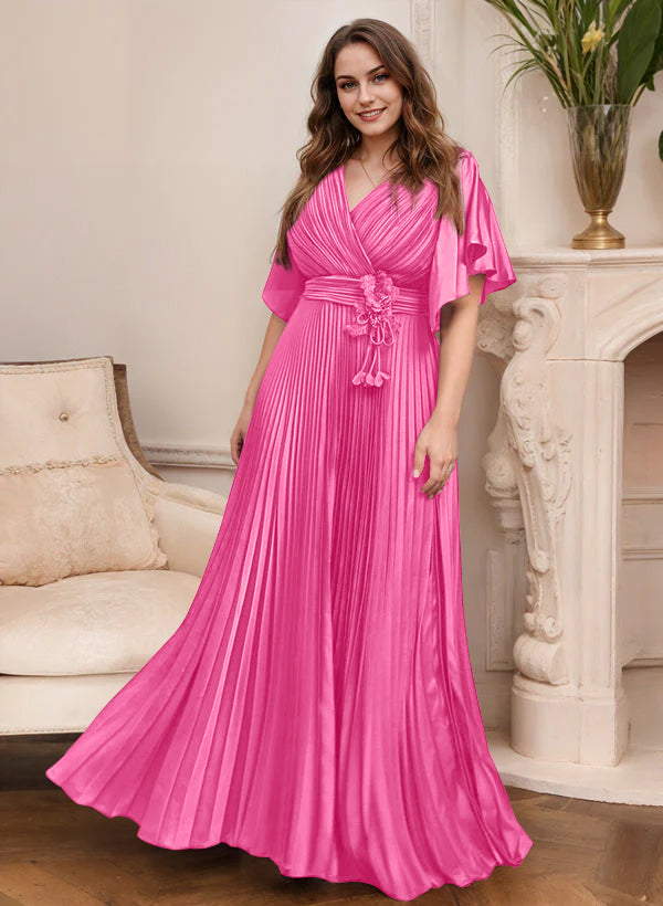 V Neck A Line Short Sleeve Mother of the Bride Dress with Belt