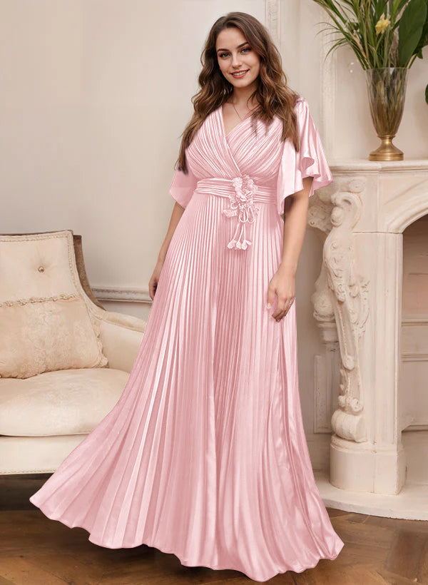 V Neck A Line Short Sleeve Mother of the Bride Dress with Belt