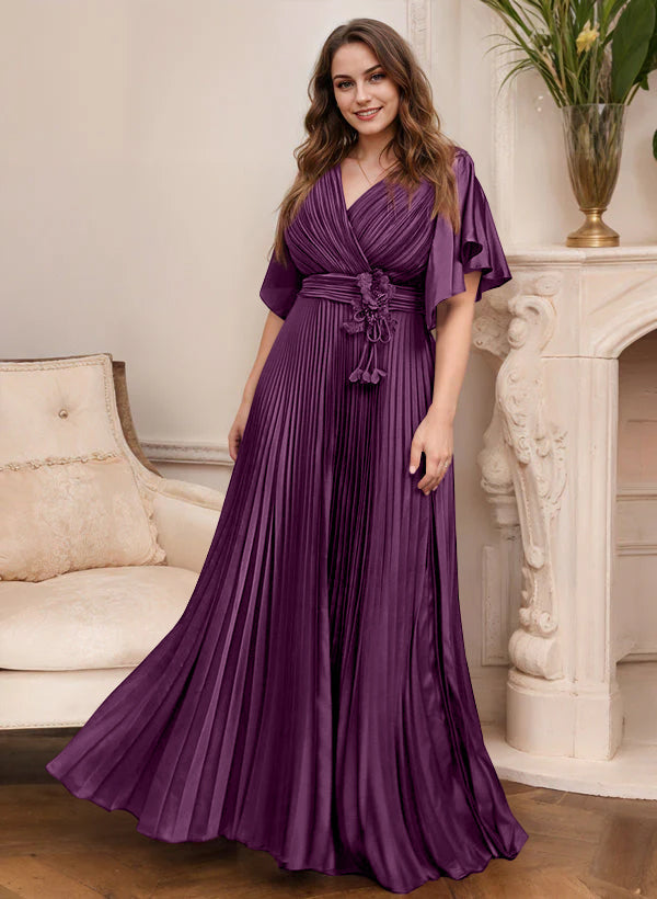 V Neck A Line Short Sleeve Mother of the Bride Dress with Belt