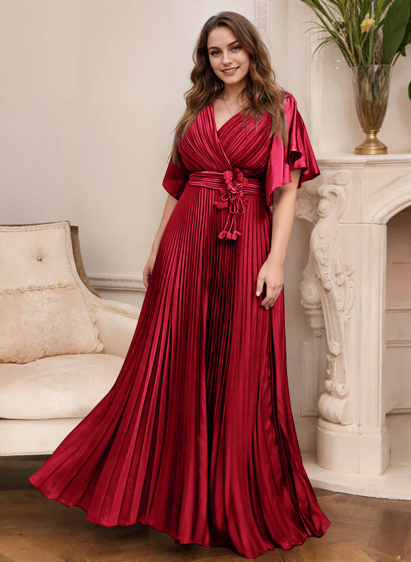 V Neck A Line Short Sleeve Mother of the Bride Dress with Belt