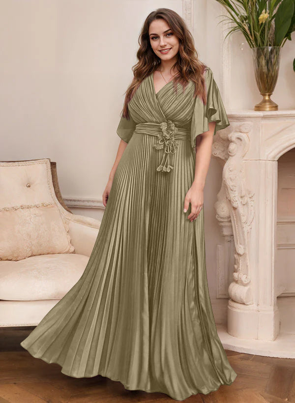 V Neck A Line Short Sleeve Mother of the Bride Dress with Belt